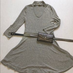 Grey open chest turtleneck skater dress